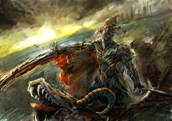 Rule 34 | 1boy, armor, bccp, fangs, fantasy, highres, male focus, monster, original, riding, scales, solo, sunset, tongue, weapon