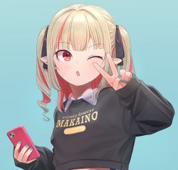 Rule 34 | 1girl, aqua background, aqua nails, black ribbon, blush, cellphone, clothes writing, crop top, grey hair, hair ribbon, highres, holding, holding phone, looking at viewer, makaino ririmu, medium hair, multicolored hair, nail polish, nijisanji, one eye closed, open mouth, phone, pink hair, pointy ears, red eyes, ribbon, sabamen, simple background, smartphone, solo, streaked hair, sweater, two-tone hair, two side up, upper body, v, v over eye, virtual youtuber
