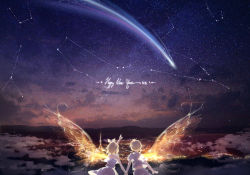 Rule 34 | 10s, 1boy, 1girl, 2016, alternate costume, arm at side, arms at sides, back, blonde hair, bow, brother and sister, camisole, city, cloud, constellation, english text, gemini (constellation), glowing, glowing wings, happy new year, kagamine len, kagamine rin, kinokohime, kinokohime (mican02rl), low ponytail, mountain, new year, night, night sky, outdoors, pointing, shirt, shooting star, short hair, short sleeves, shorts, siblings, single wing, skirt, sky, sleeveless, star (sky), starry sky, taurus (constellation), twins, upshirt, vocaloid, white bow, white shirt, white shorts, white skirt, wind, wings