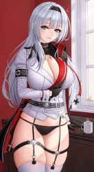Rule 34 | 1girl, arm under breasts, azur lane, black gloves, black headband, black panties, blue eyes, blush, breasts, cleavage, closed mouth, commentary, cowboy shot, cup, english commentary, garter straps, gloves, headband, highres, indoors, iron blood (emblem), jacket, large breasts, long hair, mainz (azur lane), manjuu (azur lane), mug, no pants, panties, pink lips, table, thighhighs, thighs, underwear, white jacket, white thighhighs, window, zaphn