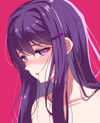 Rule 34 | 1girl, blush, chel (little colors), collarbone, doki doki literature club, hair ornament, hairclip, heart, heart-shaped pupils, open mouth, purple eyes, purple hair, red background, sidelocks, symbol-shaped pupils, yuri (doki doki literature club)