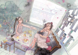 Rule 34 | 2girls, architecture, armband, bare shoulders, bonsai, brown eyes, brown hair, cake, cake slice, candle, crossed legs, cup, dress, drink, drinking glass, dutch angle, east asian architecture, expressionless, food, fork, fruit, grey hair, head rest, head tilt, high heels, interior, jug (bottle), light, long hair, looking at viewer, lots of jewelry, multiple girls, neyagi, original, outstretched arm, pancake, petals, plant, potted plant, scenery, scrunchie, shelf, sitting, sleeveless, sleeveless dress, strawberry, sundress, sunlight, table, teacup, teapot, tree, twintails, vase, very long hair, white dress, wind, window, wrist scrunchie