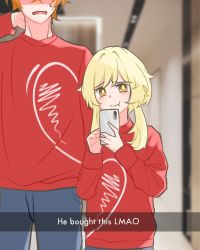 Rule 34 | 1boy, 1girl, arurescha, blonde hair, blurry, blurry background, cellphone, closed mouth, commentary, couple, cowboy shot, denim, english commentary, english text, failure, genshin impact, heart, heart print, height difference, highres, holding, holding phone, indoors, jeans, long sleeves, looking at viewer, lumine (genshin impact), matching outfits, medium hair, mixed-language commentary, open mouth, orange hair, pants, phone, print shirt, red shirt, selfie, shirt, short hair, smartphone, snapchat, stifled laugh, sweatdrop, tartaglia (genshin impact), very short hair, yellow eyes