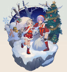 Rule 34 | 2girls, a.i. voice, ahoge, alternate costume, bare tree, bell, belt, black belt, black socks, blue eyes, blunt bangs, blush, bob cut, boots, capelet, carrying over shoulder, character snowman, christmas, christmas lights, christmas ornaments, christmas present, christmas tree, commentary request, crossed bangs, detached sleeves, dress, faux figurine, floating hair, fur-trimmed capelet, fur-trimmed dress, fur-trimmed footwear, fur-trimmed headwear, fur-trimmed mittens, fur trim, gift, glint, grey hair, hair ornament, hairclip, hat, highres, holding, holding sack, hood, hood down, hooded capelet, kizuna akari, kizuna akari (tsubomi), knee boots, long hair, looking at viewer, mittens, multiple girls, neck bell, night, open mouth, outdoors, outstretched arm, over-kneehighs, purple eyes, purple hair, red capelet, red dress, red footwear, red mittens, sack, santa costume, santa dress, santa hat, shirinda fureiru, short dress, short hair, sleeveless, sleeveless dress, smile, snow, snowflakes, snowing, socks, sparkle, sparkle hair ornament, standing, standing on one leg, sweatdrop, thighhighs, tree, voiceroid, yuzuki yukari, yuzuki yukari (shizuku)