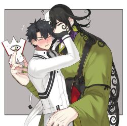 Rule 34 | 2boys, ?, ashiya douman (fate), asymmetrical hair, black hair, blush, covering another&#039;s mouth, curly hair, earrings, fate/grand order, fate (series), fingernails, flying sweatdrops, fujimaru ritsuka (male), hair between eyes, half-closed eyes, hand over another&#039;s mouth, highres, japanese clothes, jewelry, kimono, large hands, long hair, magatama, magatama earrings, male focus, multicolored hair, multiple boys, nervous sweating, personification, rejected kiss, seum (kao husband), sharp fingernails, shikishi, shy, split-color hair, sweat, two-tone hair, unamused, very long hair, white hair, yaoi