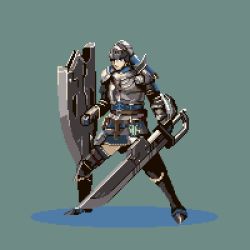 Rule 34 | 1girl, armor, armored boots, bad id, bad pixiv id, belt, blue eyes, blue hair, boots, breastplate, charge blade, chibi inu, closed mouth, full body, gauntlets, helmet, holding, holding shield, holding sword, holding weapon, insect cage, knight, long hair, looking afar, lowres, metal, monster hunter (series), monster hunter: world, pixel art, shield, solo, standing, sword, thighhighs, weapon, zettai ryouiki