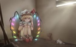 Rule 34 | 1girl, blonde hair, bloomers, crystal, fang, flandre scarlet, full body, glowing, hat, hat ribbon, looking at viewer, looking up, mary janes, mob cap, novcel, on floor, puffy sleeves, red eyes, ribbon, shoes, short sleeves, side ponytail, sitting, skirt, socks, solo, stuffed animal, stuffed toy, touhou, underwear, watermark, web address, white socks, wings, wrist cuffs