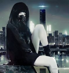 Rule 34 | 1girl, absurdres, aoi ogata, arms between legs, artist name, black footwear, black hair, black skirt, blunt bangs, boots, bridge, building, city, city lights, cityscape, clothes writing, covered mouth, gas mask, highres, hood, hood down, hoodie, kiraiko, knee boots, knee up, long sleeves, looking at viewer, mask, night, original, outdoors, red eyes, road, scenery, sitting, skirt, sky, skyscraper, solo, sparkle, watermark