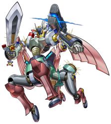 Rule 34 | android, duel monster, full body, highres, holding, holding sword, holding weapon, imperion magnum the superconductive battlebot, konami, looking at viewer, machinery, mecha, mechanical wings, no humans, official art, robot, running, sword, weapon, wings, yu-gi-oh!