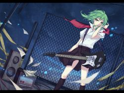 Rule 34 | 1girl, amplifier, bad id, bad pixiv id, bass guitar, chain-link fence, female focus, fence, green eyes, green hair, gumi, instrument, letterboxed, looking down, matching hair/eyes, natsuki0910, night, night sky, outdoors, school uniform, sheet music, short hair, sky, solo, speaker, tape, vocaloid, wind
