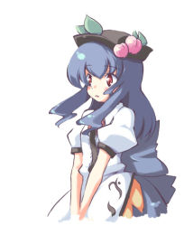 Rule 34 | 1girl, :o, blue hair, female focus, hinanawi tenshi, long hair, lowres, miaka (artist), own hands together, parted lips, puffy short sleeves, puffy sleeves, red eyes, salty (cherrypie), shirt, short sleeves, simple background, solo, touhou, upper body, v arms, very long hair, white background, white shirt