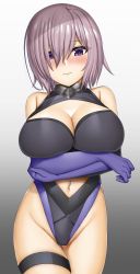 Rule 34 | 1girl, abukobato, bare shoulders, blush, breast rest, breasts, closed mouth, clothing cutout, cowboy shot, crossed arms, elbow gloves, embarrassed, fate/grand order, fate (series), gloves, gradient background, grey background, hair over one eye, head tilt, highres, large breasts, leotard, looking at viewer, mash kyrielight, medium hair, navel, navel cutout, purple gloves, purple hair, solo, standing, thigh gap, thigh strap