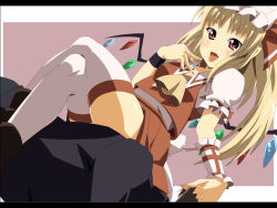 Rule 34 | 1girl, blonde hair, fang, female focus, flandre scarlet, open mouth, red eyes, shin&#039;ya (nanp), side ponytail, solo focus, thighhighs, touhou, white thighhighs, wings