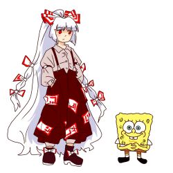 Rule 34 | 1boy, 1girl, blue eyes, bow, buck teeth, closed mouth, collared shirt, fujiwara no mokou, full body, grey shirt, hair bow, hands in pockets, highres, long hair, looking at another, ofuda, ofuda on clothes, own hands together, pants, photo-referenced, primary dragon, red pants, shirt, simple background, spongebob squarepants, spongebob squarepants (series), standing, teeth, touhou, very long hair, white background