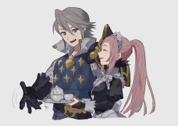 Rule 34 | 1boy, 1girl, absurdres, armor, black dress, black gloves, cup, dress, felicia (fire emblem), fire emblem, fire emblem fates, gambeson, gloves, grey hair, hair between eyes, highres, holding, holding tray, laslow (fire emblem), long sleeves, looking at another, maid, maid headdress, nintendo, open mouth, pink hair, ponytail, purple eyes, runteya, shoulder armor, signature, sweat, teacup, teapot, teeth, tray, upper body