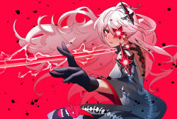 Rule 34 | 1girl, absurdres, acheron (honkai: star rail), ahoge, armor, black gloves, blood, bloody tears, bright pupils, closed mouth, commentary, electricity, english commentary, flower, flower over eye, from side, gloves, hair ornament, highres, holding, holding sword, holding weapon, honkai: star rail, honkai (series), katana, long hair, looking at viewer, official alternate color, one eye covered, red background, red eyes, red flower, red lips, red theme, shoulder armor, solo, sword, upper body, weapon, white hair, white pupils, wide sleeves, wing yan