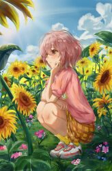 Rule 34 | 1girl, absurdres, aged down, arm support, blue flower, blue skirt, blue sky, child, closed mouth, cloud, cloudy sky, dress, flower, full body, fuuri, grass, hand on own cheek, hand on own face, highres, id card, koe no katachi, nishimiya shouko, outdoors, pink eyes, pink flower, pink hair, pink shirt, plaid, plaid skirt, shirt, shoes, short hair, short sleeves, skirt, sky, smile, sneakers, socks, solo, squatting, sundress, sunflower, sunlight, white footwear, yellow skirt, yellow socks