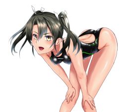 Rule 34 | 1girl, bent over, black one-piece swimsuit, breasts, commentary request, competition swimsuit, feet out of frame, green eyes, grey hair, hands on own knees, kantai collection, leaning forward, long hair, looking at viewer, one-piece swimsuit, open mouth, parazan d, simple background, small breasts, smile, solo, standing, swimsuit, twintails, white background, zuikaku (kancolle)