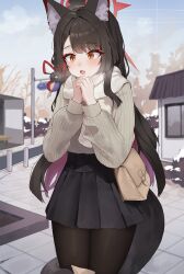 Rule 34 | 1girl, absurdres, animal ear fluff, animal ears, black hair, black pantyhose, black skirt, blue archive, blush, casual, colored inner hair, cowboy shot, day, eyeshadow, fang, fox ears, fox tail, halo, highres, long hair, long sleeves, makeup, multicolored hair, open mouth, outdoors, pantyhose, pleated skirt, red eyeshadow, red hair, red halo, ribbed sweater, scarf, seya (sseya33), skin fang, skirt, solo, sweater, tail, wakamo (blue archive), white scarf, white sweater, winter clothes, yellow eyes