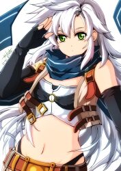 Rule 34 | 1girl, akane kazami, bare shoulders, black gloves, breasts, crop top, cropped jacket, dated, eiyuu densetsu, elbow gloves, falcom, fie claussell, fingerless gloves, gloves, green eyes, hair between eyes, highres, kuro no kiseki, long hair, navel, parted bangs, salute, scarf, sidelocks, signature, simple background, sleeveless, small breasts, solo, white background, white hair