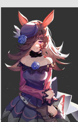 Rule 34 | 1girl, absurdres, animal ears, black background, blood, blood on arm, blood on face, bloody knife, blue flower, border, brown hair, closed mouth, commentary, corsage, cowboy shot, detached collar, dress, english commentary, flower, grey border, hair over one eye, hat, hat flower, highres, holding, holding knife, holding own arm, horse ears, knife, licking lips, long hair, looking at viewer, off-shoulder dress, off shoulder, one eye covered, pleated dress, purple dress, purple eyes, purple hat, rice shower (umamusume), shenqi de (9), simple background, solo, tongue, tongue out, umamusume