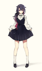 Rule 34 | 1girl, absurdres, black dress, black footwear, closed mouth, dress, gradient hair, hair over shoulder, highres, loafers, long hair, long sleeves, looking at viewer, low ponytail, multicolored hair, original, purple hair, shirt, shoes, side ponytail, simple background, sketch, skirt hold, sleeves past wrists, socks, solo, standing, white shirt, white socks, zero (miraichizu)