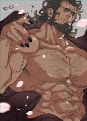 Rule 34 | 1boy, abs, bara, beard, black nails, dated, earrings, facial hair, falling petals, full beard, grey background, hoop earrings, ibaraki (oni to hanayome), jewelry, large pectorals, looking at viewer, low ponytail, male focus, muscular, muscular male, mustache stubble, navel, nipples, oni to hanayome, open clothes, pectorals, petals, scar, scar across eye, simple background, small horns, solo, sparse chest hair, stubble, twitter username, upper body, veins, veiny arms, yan (bltyann), yellow eyes