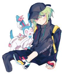 Rule 34 | 1boy, alternate color, blonde hair, blush, creatures (company), crossover, earrings, game freak, gen 6 pokemon, green hair, hat, highres, holding, holding poke ball, jacket, jewelry, lio fotia, looking at viewer, male focus, moegi0926, nintendo, poke ball, poke ball (basic), pokemon, pokemon (creature), promare, purple eyes, shiny pokemon, simple background, solo, sylveon, trap, white background