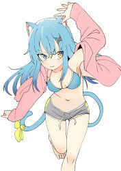 Rule 34 | 1girl, absurdres, animal ear fluff, animal ears, barefoot, bikini, bikini top only, blue bikini, blue eyes, blue hair, breasts, cat ears, cat girl, cat tail, drawstring, closed eyes, from above, hair between eyes, hair ornament, hairclip, hand up, heterochromia, highres, hood, hoodie, long hair, long sleeves, looking to the side, luke (dydansgur), navel, off shoulder, open clothes, open hoodie, original, pink hoodie, ribbon, short shorts, shorts, simple background, small breasts, solo, stomach, swimsuit, tail, tail ornament, tail ribbon, v-shaped eyebrows, white background, yellow eyes