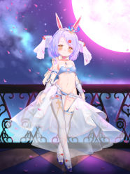 Rule 34 | 1girl, absurdres, alternate costume, alwaysissac, animal ears, blurry, blurry background, blush, bra, breasts, cherry blossoms, collarbone, commentary, english commentary, full body, full moon, garter belt, hair ornament, hairclip, highres, juno (warship girls r), looking at viewer, moon, navel, night, panties, purple hair, purple sky, rabbit ears, sky, small breasts, solo, standing, thighhighs, underwear, warship girls r, yellow eyes