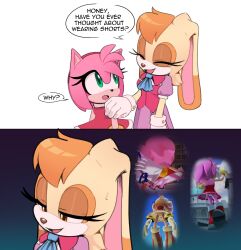 Rule 34 | 2girls, 2koma, amy rose, bracelet, comic, dress, english text, furry, furry female, gloves, hand on another&#039;s shoulder, highres, jewelry, multiple girls, open mouth, orange eyes, orange hair, panties, rabbit ears, red dress, short sleeves, smile, sonic (series), sonic adventure, sonic dash, sonic the hedgehog (2006), speech bubble, toonsite, underwear, upskirt, vanilla the rabbit, white gloves, white panties