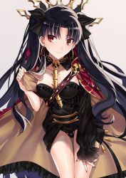 Rule 34 | 1girl, asymmetrical sleeves, bare legs, black detached sleeves, black dress, black hair, black ribbon, breasts, cape, closed mouth, cosplay, crown, detached collar, detached sleeves, dress, earrings, ereshkigal (fate), ereshkigal (fate) (cosplay), eyes visible through hair, fate/grand order, fate (series), female focus, gold trim, hair ribbon, hand on own leg, hand on own thigh, hand up, hoop earrings, ishtar (fate), jewelry, leaning, leaning forward, legs, long hair, looking at viewer, medium breasts, nail polish, necklace, parted bangs, red cape, red eyes, red nails, ribbon, short dress, simple background, single detached sleeve, single sleeve, skull, sleeves past wrists, smile, solo, standing, strapless, strapless dress, tohsaka rin, two side up, type-moon, uneven sleeves, very long hair, wavy hair, yaoshi jun