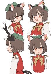 Rule 34 | 1girl, :d, absurdres, animal ear fluff, animal ear piercing, animal ears, asakura haru, bow, bowtie, brown eyes, brown hair, cat ears, cat tail, chen, commentary request, cropped torso, earrings, fang, flat chest, from side, green headwear, hat, highres, jewelry, long sleeves, looking at viewer, mob cap, multiple tails, multiple views, nekomata, open mouth, orange bow, orange bowtie, parted lips, profile, puffy long sleeves, puffy sleeves, red vest, short hair, simple background, single earring, smile, sweat, tail, touhou, two tails, upper body, v-shaped eyebrows, vest, white background