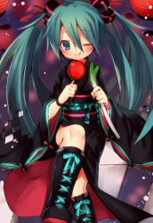 Rule 34 | 1girl, :q, ;q, aqua eyes, aqua hair, blush, boots, bracelet, candy apple, cross-laced footwear, festival, hatsune miku, japanese clothes, jewelry, ju-zika, kimono, knee boots, lace-up boots, long hair, one eye closed, smile, solo, spring onion, tongue, tongue out, twintails, vocaloid, wink