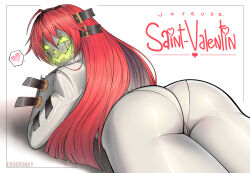 Rule 34 | 1girl, artist name, ass, ass focus, bodysuit, commentary, erodrunky, glowing, glowing eyes, glowing mouth, guilty gear, guilty gear strive, heart, highres, impossible bodysuit, impossible clothes, jack-o&#039; valentine, long hair, long sleeves, looking at viewer, looking back, lying, mask, on stomach, red hair, shadow, shiny clothes, signature, simple background, skin tight, solo, speech bubble, white background, white bodysuit