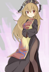 Rule 34 | 1girl, black dress, black pantyhose, breasts, chinese clothes, crescent, dress, feet out of frame, hands in opposite sleeves, hekkmushi, highres, junko (touhou), large breasts, light brown hair, long hair, looking to the side, neck ribbon, pantyhose, phoenix crown, pom pom (clothes), red eyes, ribbon, side slit, smile, solo, tabard, touhou