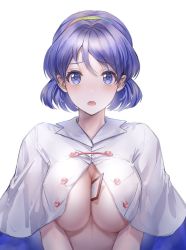 Rule 34 | 1girl, :o, between breasts, blush, breasts, cape, card, card between breasts, commentary request, hairband, large breasts, looking at viewer, open mouth, purple eyes, purple hair, rainbow gradient, short hair, simple background, solo, tabiji (tabiji s), tenkyuu chimata, touhou, upper body, v arms, white background, white cape