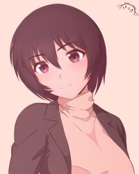 Rule 34 | 1girl, absurdres, artist logo, artist name, azumanga daiou, blazer, blush, breasts, brown background, brown eyes, brown hair, brown jacket, brown sweater, close-up, commentary, english commentary, hair between eyes, head tilt, highres, jacket, kagura (azumanga daioh), kurumimi birb, large breasts, light blush, light smile, long sleeves, looking at viewer, open clothes, open jacket, portrait, short hair, signature, simple background, smile, solo, sweater, turtleneck, turtleneck sweater, upper body
