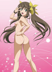 Rule 34 | 1girl, ass, blush, bracelet, breasts, brown hair, fang, feet out of frame, female focus, from behind, gluteal fold, gradient background, green eyes, hair ribbon, hand on own hip, huang lingyin, infinite stratos, jewelry, legs apart, long hair, looking at viewer, looking back, nipples, nude, nude filter, open mouth, peace symbol, ribbon, shiny skin, simple background, small breasts, smile, solo, standing, third-party edit, twintails, v, v over eye