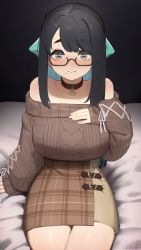 Rule 34 | 1girl, absurdres, aran sweater, asymmetrical bangs, bare shoulders, black hair, blue hair, blush, borrowed character, breasts, brown-framed eyewear, brown sweater, cable knit, choco-chan, choker, colored inner hair, commentary, english commentary, fang, fang out, fingernails, glasses, green eyes, hand on own chest, heart, heart-shaped pupils, heart choker, highres, large breasts, legs together, long hair, looking at viewer, making-of available, mole, mole under mouth, multicolored hair, no bra, nose blush, off-shoulder sweater, off shoulder, on bed, original, plaid, plaid skirt, semi-rimless eyewear, shiny skin, sitting, skirt, solo, sweater, symbol-shaped pupils, tostantan, two-tone hair, under-rim eyewear