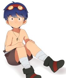 Rule 34 | 00s, 1boy, aged down, bad id, bad pixiv id, blue hair, full body, goggles, goggles on head, jewelry, male focus, milk (impermanent), milk (pixiv 8888892), necklace, simon (ttgl), simple background, solo, tengen toppa gurren lagann, topless male, white background