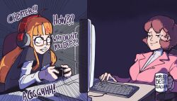 Rule 34 | 2girls, black shirt, brown hair, clenched teeth, comic, commentary, computer, controller, cup, emphasis lines, english commentary, english text, formal, glasses, headset, holding, holding controller, holding cup, long sleeves, mug, multiple girls, persona, persona 3, persona 5, pink suit, playing games, plow (witch parfait), sakura futaba, shirt, sitting, smile, smug, suit, t-shirt, teeth, toriumi isako, white shirt