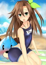 Rule 34 | 10s, 1girl, bare shoulders, beach, blush, bow, breasts, brown hair, collarbone, dogoo, female focus, green eyes, hair bow, highres, if (neptunia), long hair, looking at viewer, misaki (nounaikakusan), neptune (series), open mouth, shiny clothes, shiny skin, side ponytail, sitting, solo focus, swimsuit, wariza