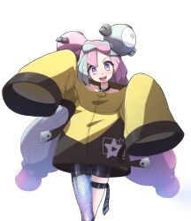 Rule 34 | 1girl, :d, bike shorts, character hair ornament, collarbone, creatures (company), game freak, green hair, hair ornament, happy, highres, iono (pokemon), jacket, looking at viewer, multicolored hair, nintendo, oni-sanart, open mouth, pink hair, pokemon, pokemon sv, purple eyes, sharp teeth, single leg pantyhose, sleeves past fingers, sleeves past wrists, smile, solo, star (symbol), star print, teeth, thigh strap, tongue, transparent background, twintails, two-tone hair, upper teeth only, yellow jacket