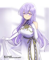 Rule 34 | 1girl, bare shoulders, breasts, circlet, commentary request, dress, fire emblem, fire emblem: genealogy of the holy war, gloves, holding, holding clothes, holding dress, julia (fire emblem), large breasts, long hair, nintendo, purple eyes, purple hair, simple background, smile, solo, yukia (firstaid0)