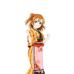 Rule 34 | &gt;:), 10s, 1girl, apron, blue eyes, clenched hands, floral print, flower, hair between eyes, hair flower, hair ornament, hair stick, japanese clothes, kimono, kosaka honoka, looking at viewer, love live!, love live! school idol festival, love live! school idol project, non-web source, obi, official art, one side up, orange hair, sash, short hair, side ponytail, sleeves rolled up, solo, transparent background, v-shaped eyebrows, waist apron