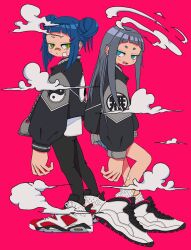 Rule 34 | 2girls, air jordan, air jordan 10, air jordan 5, back-to-back, bandaid, bandaid on cheek, bandaid on face, bandaid on leg, bandaid on nose, black jacket, black leggings, blue hair, blue shorts, closed mouth, cloud, commentary, double bun, from side, full body, green eyes, grey hair, hair bun, hair ornament, hairclip, highres, jacket, leggings, long hair, long sleeves, looking at viewer, looking to the side, multiple girls, nao97122, open clothes, open jacket, original, pink background, print jacket, red footwear, ringed eyes, shoes, short hair, shorts, sidelocks, simple background, sneakers, socks, standing, straight hair, streetwear, symbol-only commentary, white footwear, white socks, yin yang, yin yang print, zipper, zipper pull tab