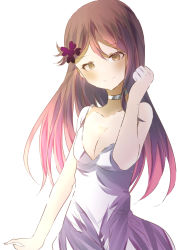 Rule 34 | 1girl, artist name, artist request, bare shoulders, blush, breasts, choker, cleavage, clenched hand, collarbone, dress, female focus, flower, hair flower, hair ornament, highres, long hair, love live!, love live! sunshine!!, natsume suzuri, purple flower, red hair, sakurauchi riko, skirt, small breasts, solo, white background, white choker, white dress, white skirt