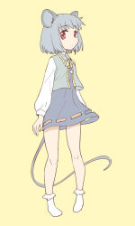 Rule 34 | 1girl, animal ears, bare legs, bobby socks, bow, bowtie, convenient censoring, dress, female focus, full body, grey dress, grey hair, grey vest, highres, long sleeves, looking at viewer, mouse ears, mouse tail, naegi (naegidokoro), nazrin, no panties, puffy long sleeves, puffy sleeves, red eyes, short dress, short hair, simple background, socks, solo, standing, tail, touhou, vest, white socks, yellow background, yellow bow, yellow bowtie