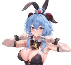 Rule 34 | 1girl, ahoge, aimu (angry9565), alternate costume, animal ears, armpits, arms up, bare shoulders, bell, black bow, black bowtie, blue hair, blush, bow, bowtie, breasts, cleavage, collar, crossed bangs, detached collar, elbow gloves, fake animal ears, fingers to cheeks, ganyu (genshin impact), genshin impact, gloves, goat horns, hair between eyes, highres, horns, large breasts, leotard, lips, long hair, neck bell, playboy bunny, rabbit ears, simple background, smile, solo, strapless, strapless leotard, unfinished, upper body, white background, white collar, wrist cuffs